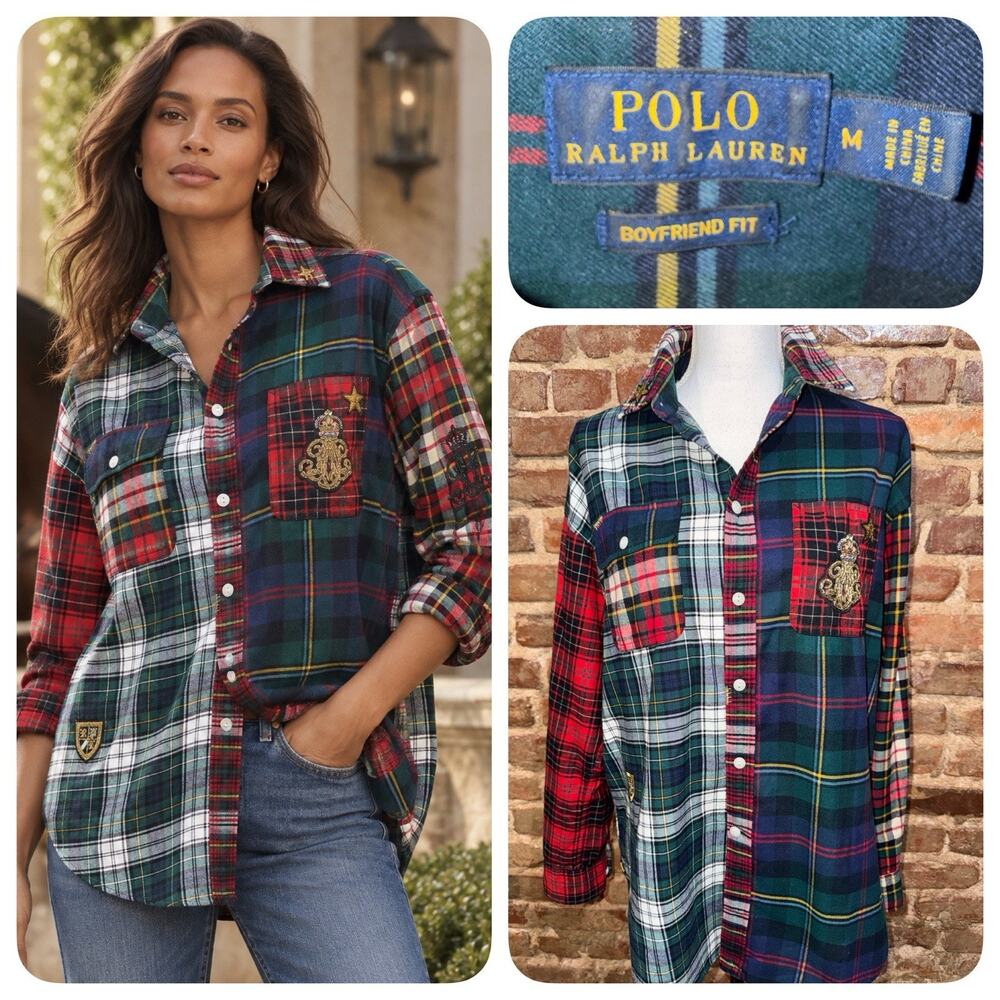 Polo Ralph Lauren Womens Patchwork Plaid Flannel Shirt Crest Heavy Embroidery M